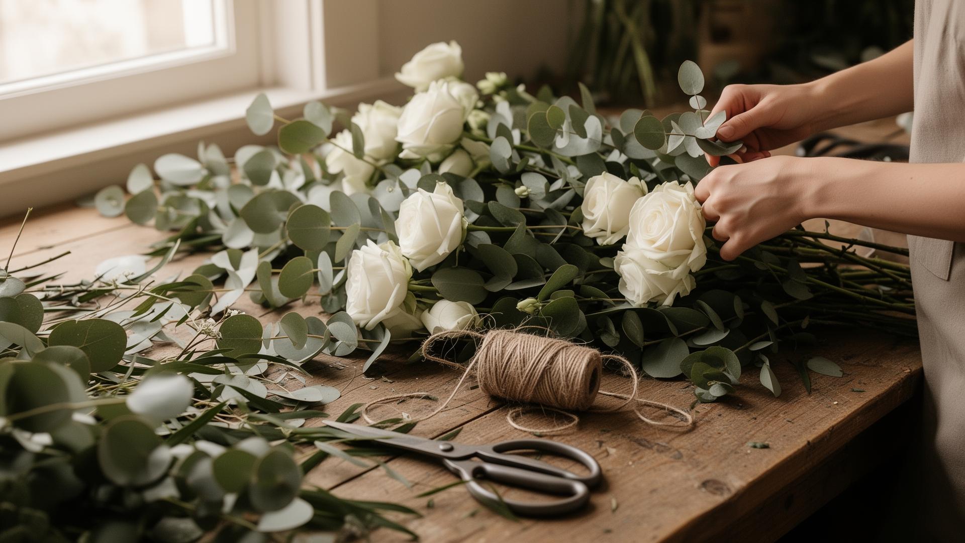 Florist hands working with eucalyptus