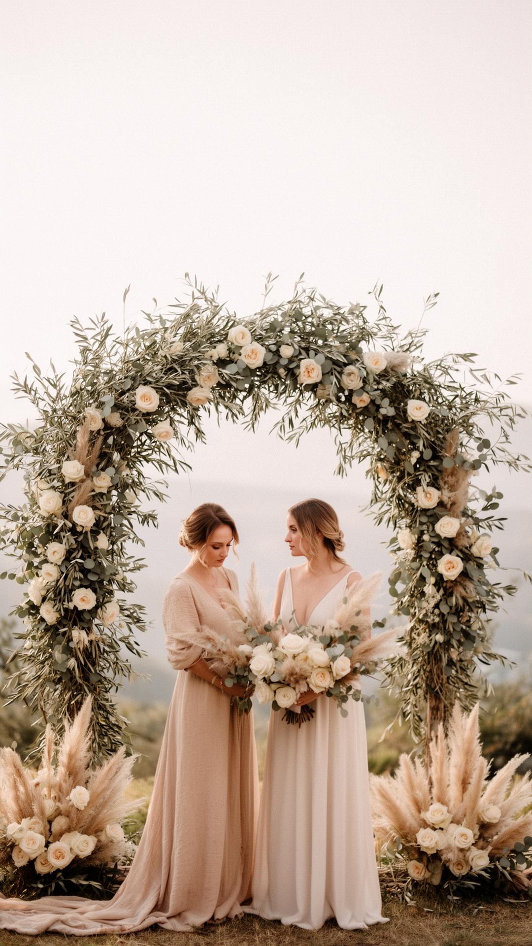 Floral wedding arch with brides